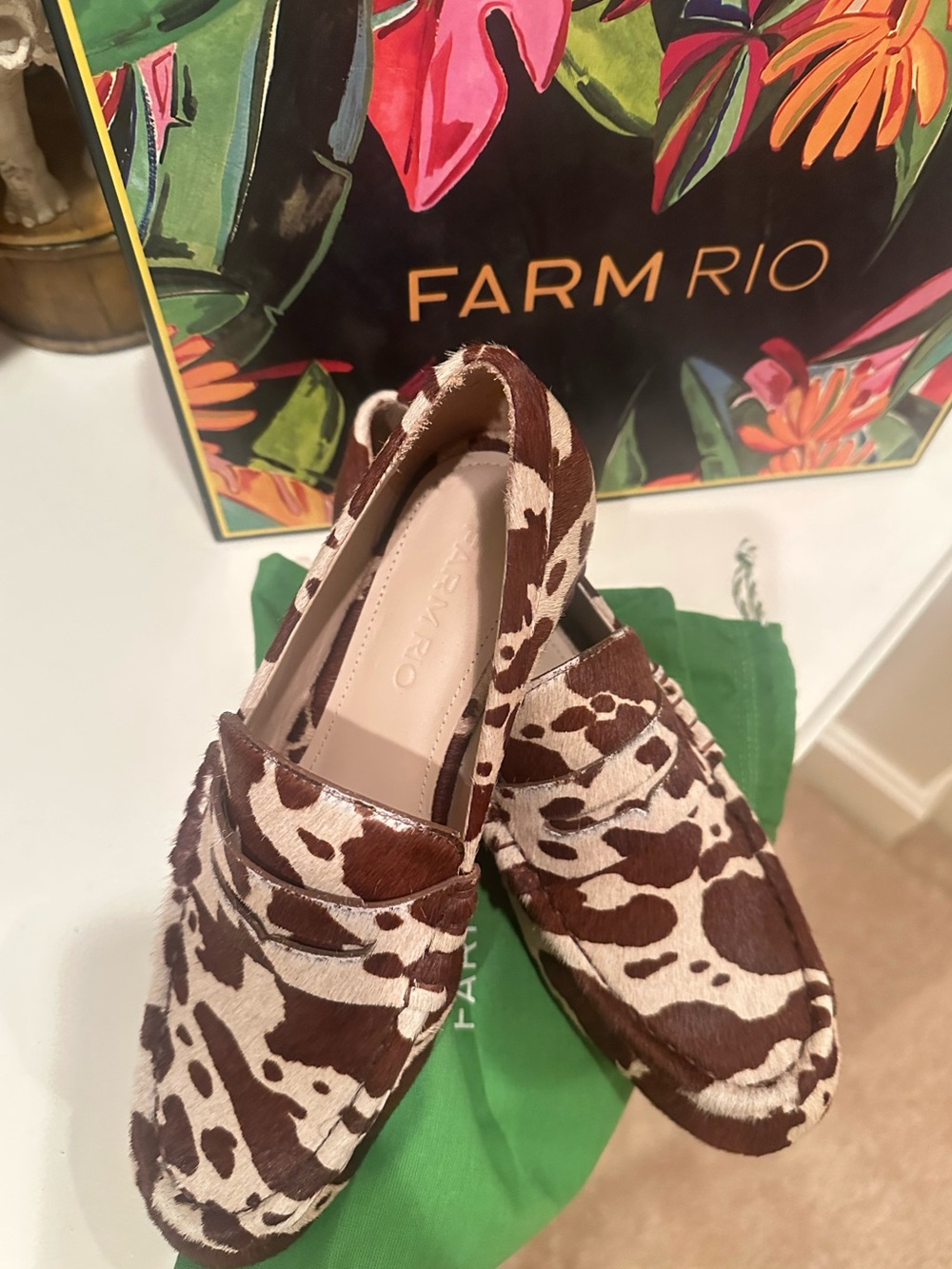 NIB FARM Rio cow print haircalf Monstera heeled loafers - Picture 6 of 8